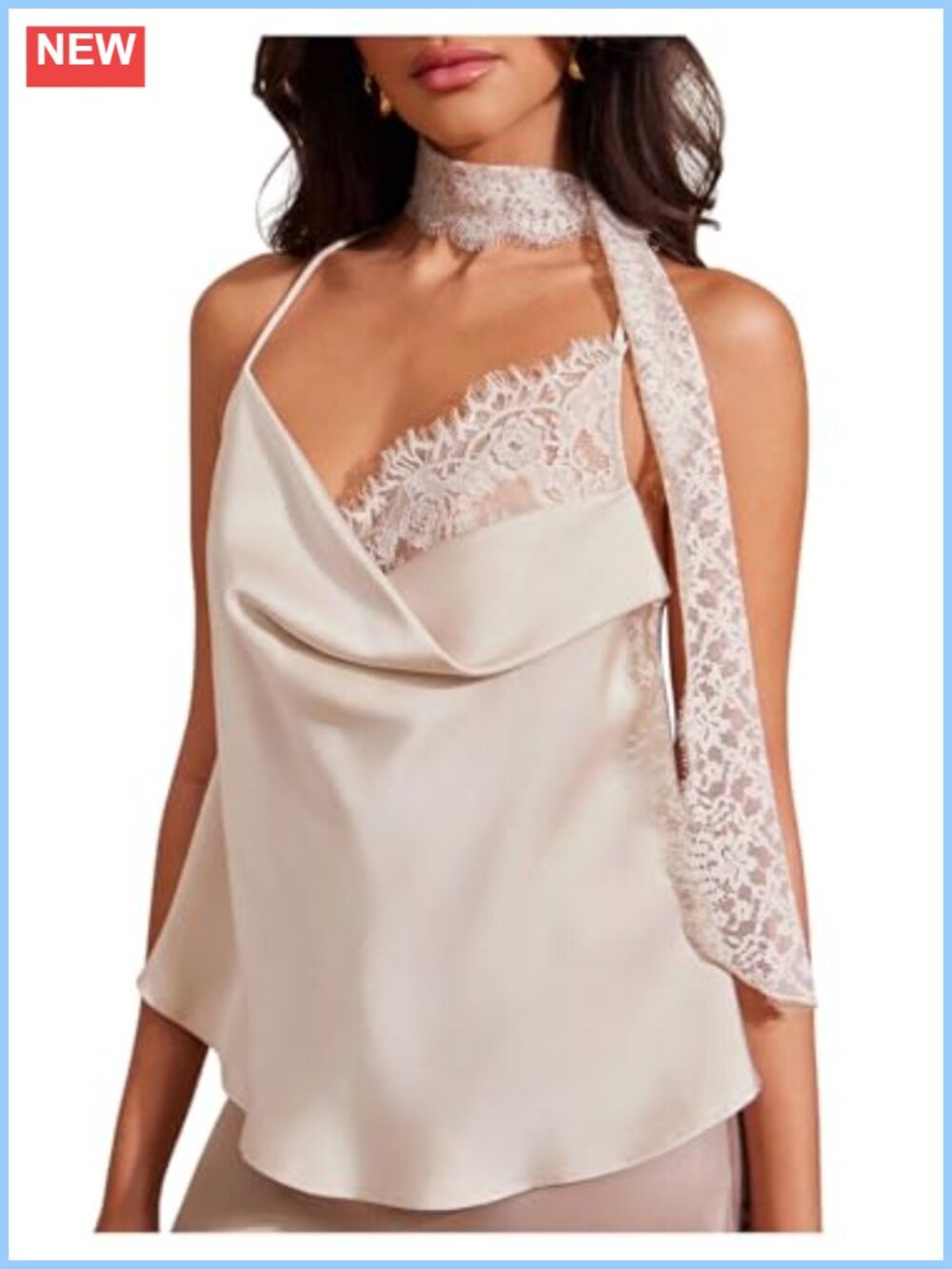 Satin Lace Cami Top Spaghetti Strap Backless Cowl Neck Scarf